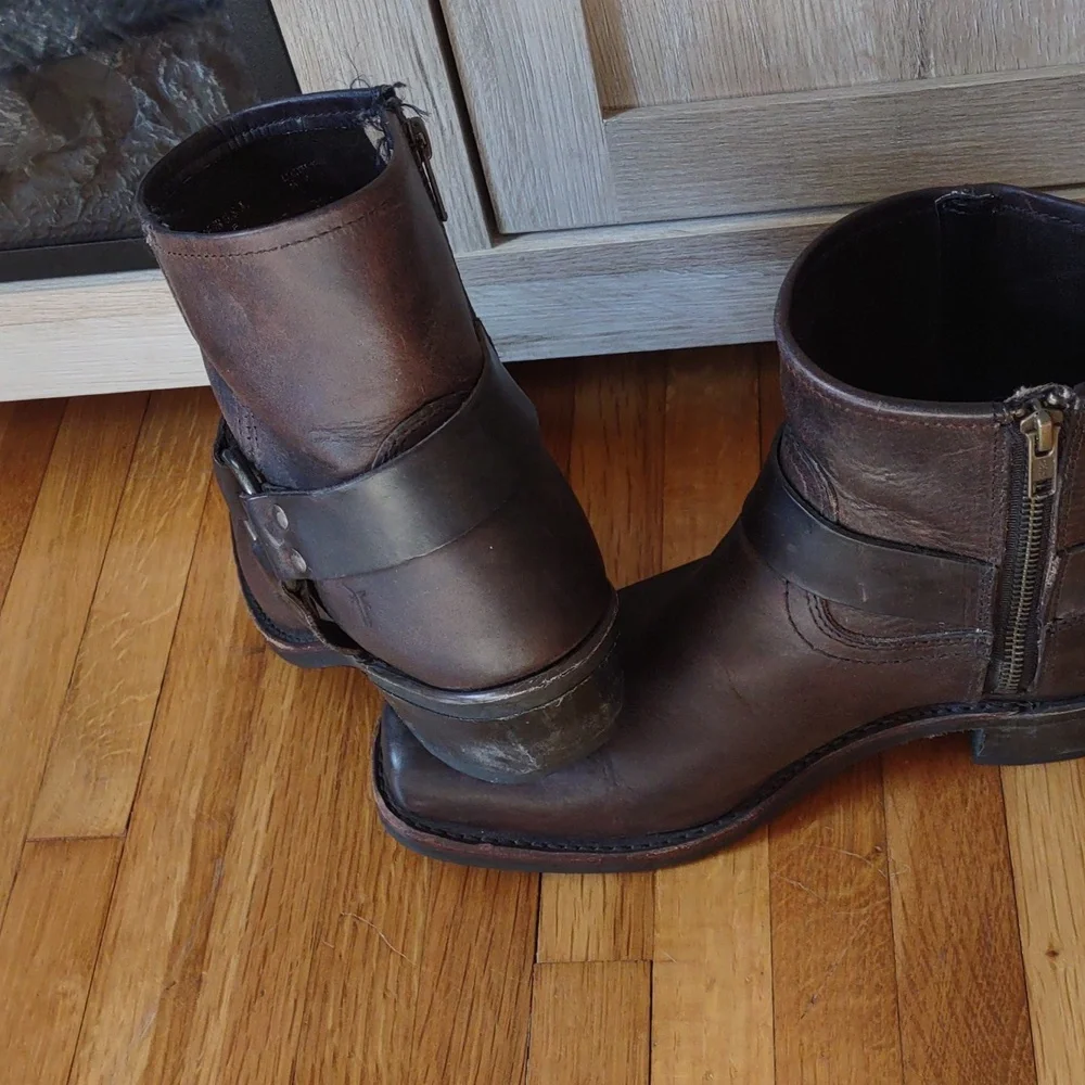 Frye Dark Brown Leather Harness Ankle Booties